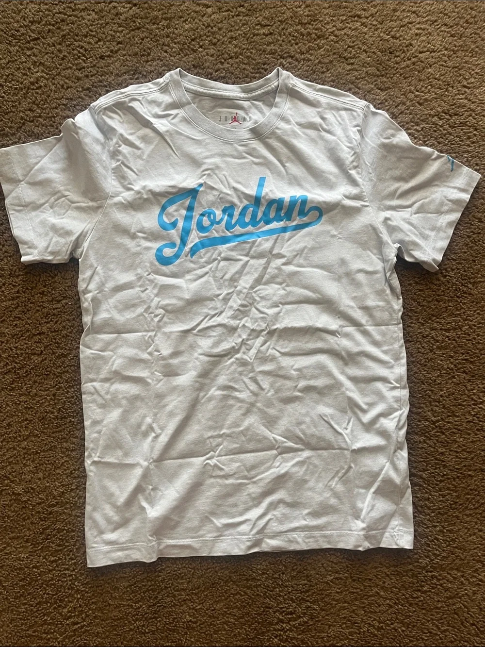Jordan White Tee with Sky Blue Script Logo